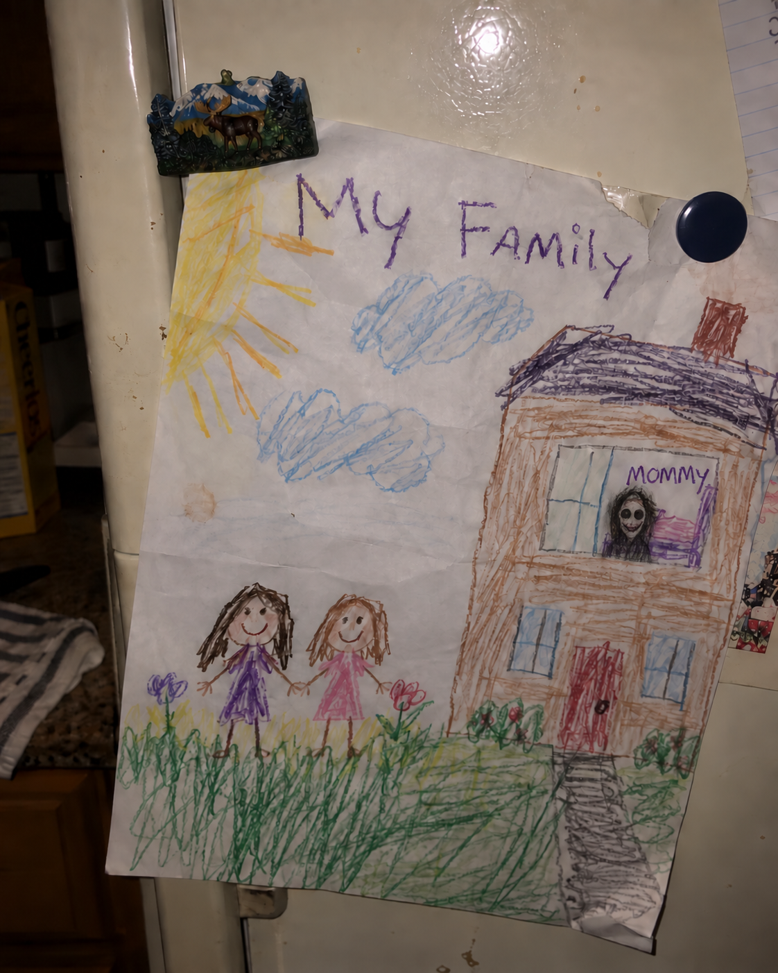 A child's drawing titled My Family, showing two children outdoors and Mommy in an upstairs window.